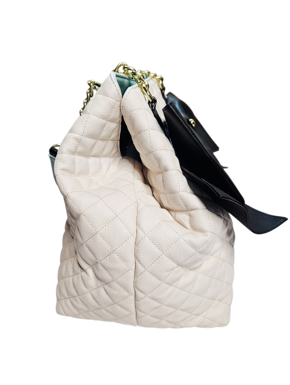 Betsey Johnson Quilted Cream/Black Trap Tote Purse Bag - Picture 3 of 16